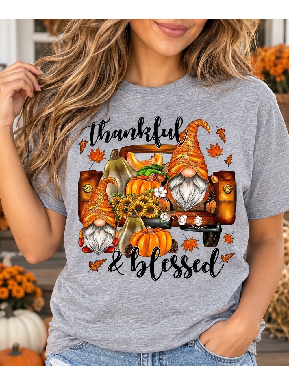 Thankful & Blessed Autumn Gnome Graphic T-Shirt for Women